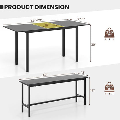 Giantex Dining Room Table Set for 4-6, 63” Extendable 3-Piece Dining Table Set with 2 Benches, Metal Frame, Dinette Table Set for Breakfast Nook, Kitchen Table Chairs (Black)