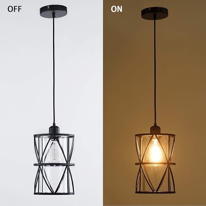 Black Industrial Metal Pendant Light with Clear Glass Shade, Transitional Cylinder Pendant Lighting Fixture for Kitchen Island Sink Counter Dining Room