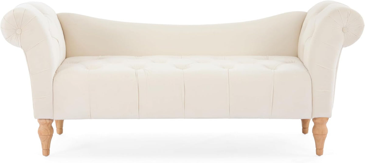 Christopher Knight Home Ucal Velvet Upholstered End of Bed Ottoman, Wooden Living Room Ottoman Bench with Curved Arms, Long Entryway Bench with Button Tufting, Long Seating for Bedroom, Beige