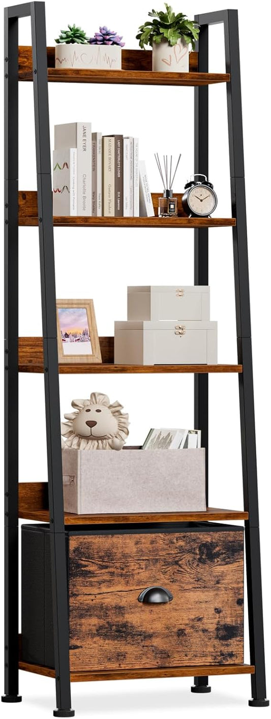 Furologee 5-Tier Ladder Shelf, Ladder Bookshelf with Removable Drawer, Rustic Bookcase Storage Rack Organizer, Wood Metal Freestanding Storage Shelf for Living Room, Home Office, Bedroom, Balcony