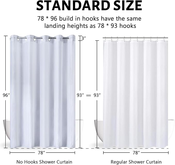 No Hook Extra Long Shower Curtain 96 Length,Wahable Fabric Bathroom Curtains with 10 Plastic Built-in Grommets,Hotel Quality Waterproof,White,78x96 Inch