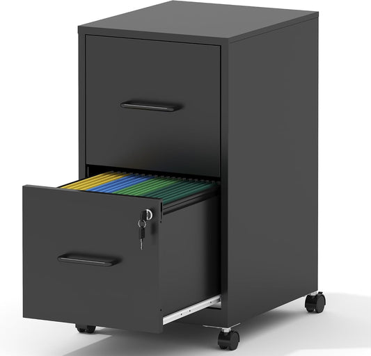 2-Drawer Mobile File Cabinet with Lock & Wheels,Under Desk File Cabinets for Home Office,Steel Rolling Cabinet for Legal/Letter Files(Black)