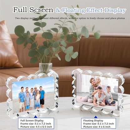 3 Pack 4x6 Inch Magnetic Acrylic Picture Frame,10+10mm Thick Block,Double Sided Clear scalloped frames for Desktop Display | Trendy Home Gift ((3 Pack), 4X6)
