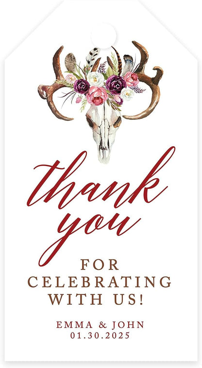 Andaz Press 100-Pack Personalized Thank You for Celebrating with Us Wedding Favor Tags with Bakers Twine Boho Rustic Floral Antlers Custom Cardstock Wedding Gift Tags for Party Favors 2 x 3.75-Inches