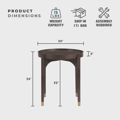 Lexicon Wood Round End Table with Gold Metal Cap, 36" Dia. Mid Century Modern Round Birch Wood Veneer Sofa Side Table for Contemporary Living Room, Easy Assembly, Dark Brown