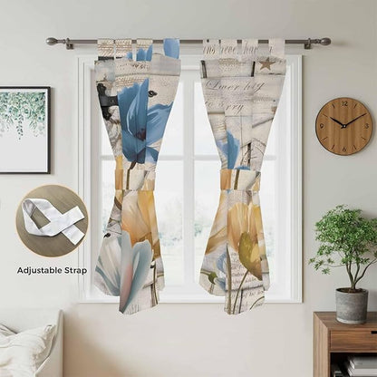 Blue Yellow Tulips Bedroom Curtains 72 Inch Length, Window Curtains Tab Top, Retro Farmhouse Flower Barn Doors Wooden Light Filtering Window Treatments Drapes 52"x72" 2 Panel