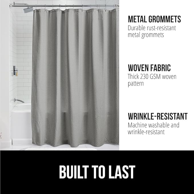 GORILLA GRIP Waffle Shower Curtain, Thick Weighted Fabric, 72x78, Wrinkle and Rust Resistant, Classic Hotel Quality Design, Heavy Duty Long Curtains for Bathroom Showers, Bath Tubs, Machine Wash, Gray