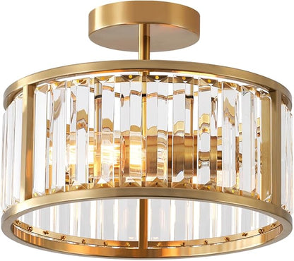 Brass Gold Flush Mount Ceiling Light, 2- Light Caged Crystal Chandelier, Small Drum Hallway Light fixtures Ceiling Mount (Brass Gold)