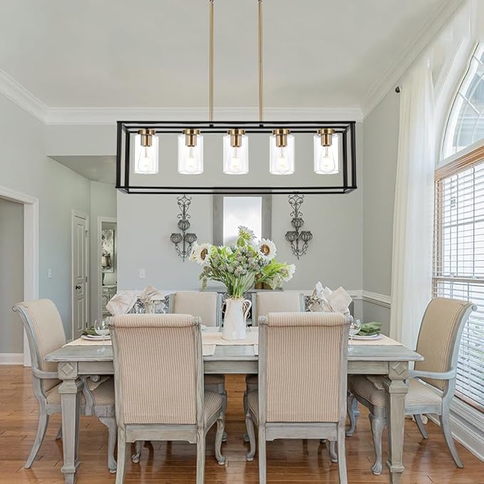 VINLUZ Farmhouse Chandeliers for Kitchen Island with Clear Glass Shade Black and Brushed Brass 5 Light Dining Room Lighting Fixtures Hanging, Rectangle Pendant Lights Industrial Ceiling Light