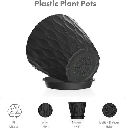 6 inch Plant Pots, 5 Pack Flower Pots for Indoor Outdoor Plants, Water Ripples Plastic Planters with Drainage Holes and Saucers, Nursery Pots for Small Succulent Garden House Plants, Black