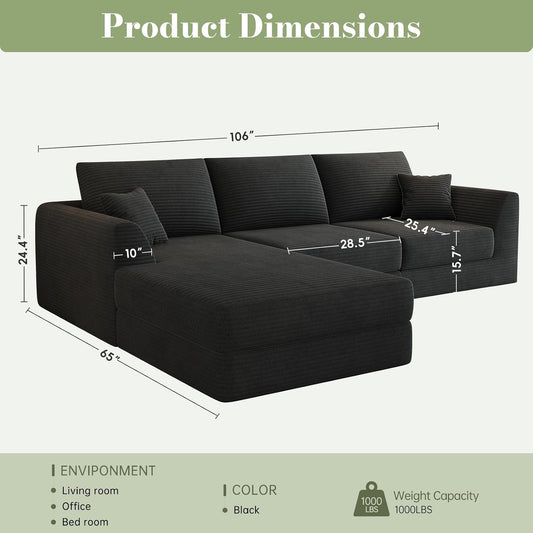106" Modular Sectional Sofa with Deep Seat, L-Shaped Corduroy Couch with Reversible Chaise, 3-Piece Set for Living Room Bedroom Apartment, No Assembly Required