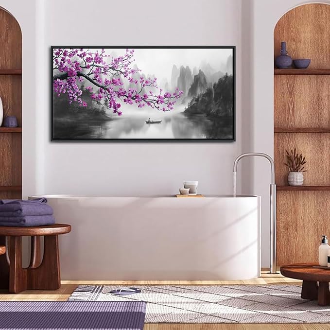 Large Purple Wall Art Decor for Living Room Bedroom Framed Black and White Landscape Full Moon Purple Flower Painting Canvas Picture Plum Blossom Artwork for Home Office 24x48IN