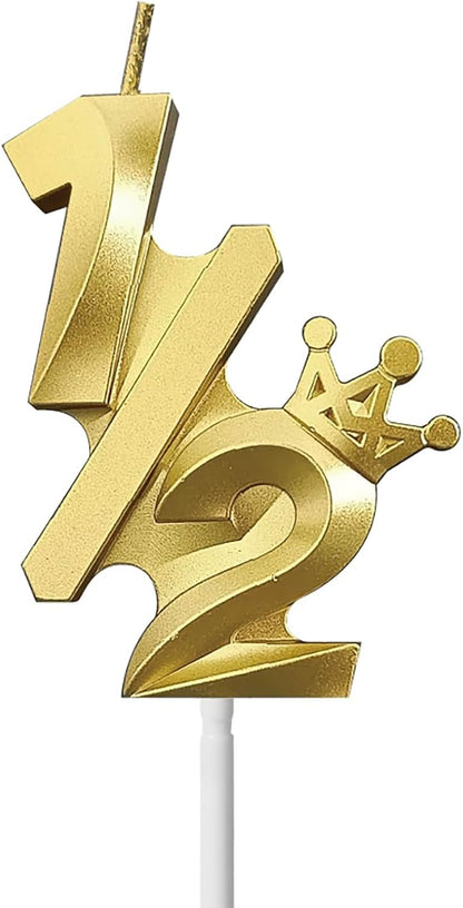 Number 1/2 Birthday Candle Half Years Old Six Monthes Happy Cake Topper Decorations 3D Crown (Crown-1/2, Gold)