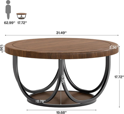 Tribesigns Round Coffee Table with 2 Tiers, 31.5" Wooden Circle Accent Cocktail Table with Storage Shelf and Metal Frame, Industrial Center Tables for Living Room, Brown & Black