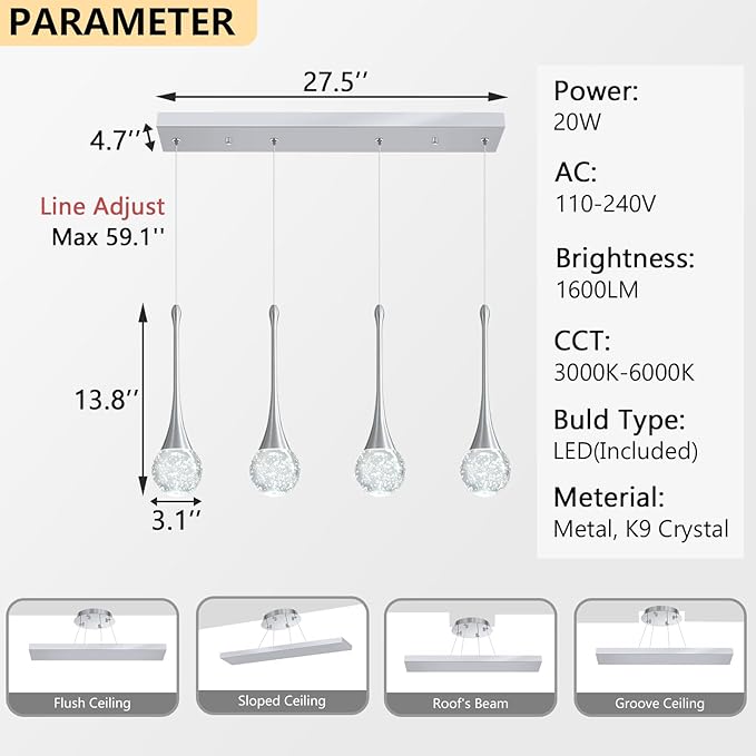 4-Lights Modern Pendant Lights for Kitchen Island LED Dimmable Crystal Glam Ceiling Pendant Lighting Chandelier for Dining Room Hallway Bedroom Silver