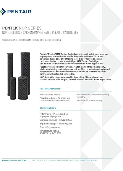 Pentair Pentek NCP-20BB Big Blue Carbon Water Filter, 20-Inch, Whole House Non-Cellulose Carbon Impregnated Pleated Filter Cartridge, 20" x 4.5", 10 Micron, Pack of 2