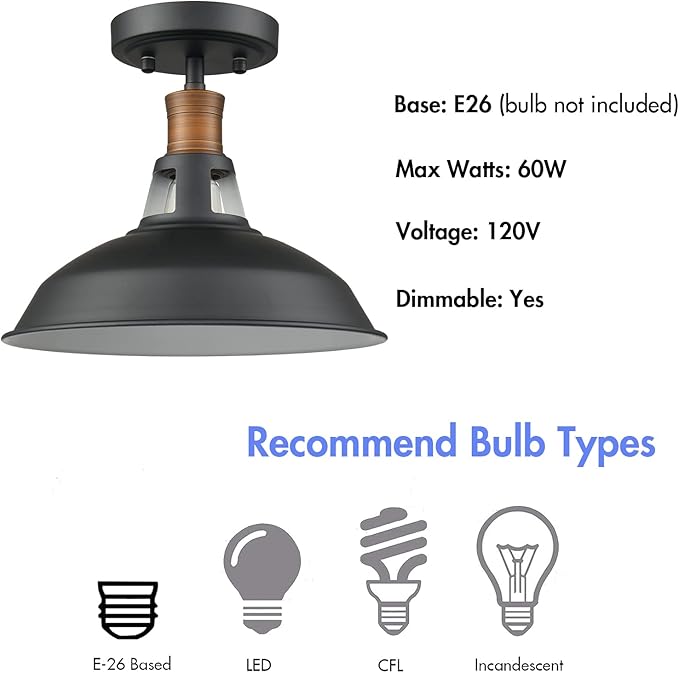 CLAXY 1-Light Semi Flush Mount Light Fixture Farmhouse Ceiling Light with Black and White Shade Dimmable