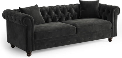 ONBRILL 82 Inch Chesterfield Sofa, 23 Inch Deep Seat Velvet Couch for Living Room, Button Tufted Couch with Rolled Arms, 2 Throw Pillows, Comfy Vintage Loveseat Sofa for Apartment, Black