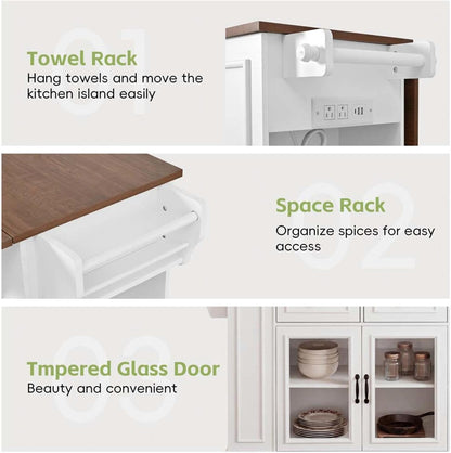 Kitchen Table with Storage with Internal Storage Rack, Power Outlet and Open Shelves, Moveable Kitchen Island with Spice Rack, for Kitchen, Dining