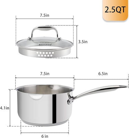 Rorence Stainless Steel Sauce pan: Saucepan with Pour Spouts, Capsule Bottom & Tempered Glass Lid - 2.5 Quart