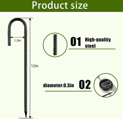 Rebar Stakes 12 Inch, Ground Stakes Heavy Duty J-Hook Black Coated Anti-Rust Heavy Duty Ground Anchors for Garden Dog Fence Chicken Coop Christmas Decorations Deer Fence 15pcs