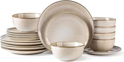 AmorArc Stoneware Dinnerware Sets for 6, 18 Pieces Handpainted Ceramic Plates and Bowls Set, Scratch Resistant Dishes Set, Dishwasher & Microwave Safe, Cappuccino