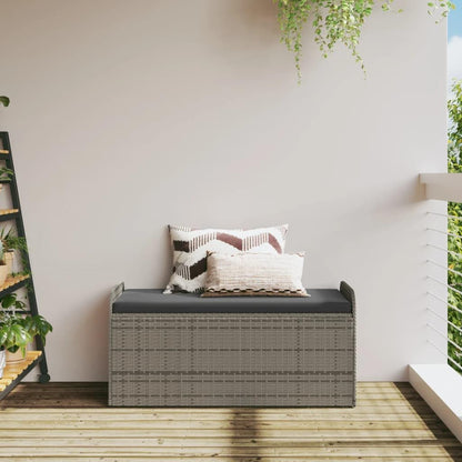 Storage Bench Grey PE Rattan Outdoor Seating with Hidden Storage Box and Cushion, 45.3 x 20.1 x 20.5 Inch Powder-Coated Steel Frame Furniture for Garden and Patio