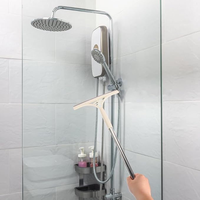 Multifunction Floor and Window Squeegee Broom with Long Handle, Dry and Wet Glass Cleaner Scraper for Shower, Tile, Car Windows, Khaki