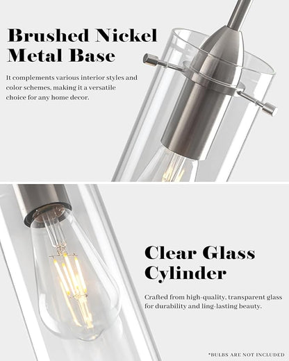 Brushed Nickel Pendant Lights Kitchen Island 1 Pack, Glass Pendant Light, Modern Clear Glass Pendant Light Fixture, Hanging Pendant Lights for Kitchen Island Dining Room Bar