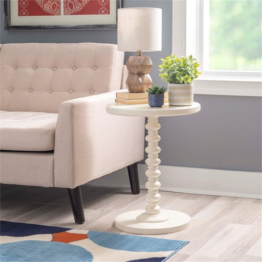 Pemberly Row Contemporary Wood Spindle Side Table, Off White Finish, 17" Round Top, Solid Rubberwood Construction, Turned Pedestal Base, Accent Table for Living Room, Entryway, or Bedroom Use