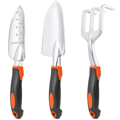 Garden Tools Set, 3 Pack Heavy Duty Gardening Tools Set Include Garden Shovel, Transplant Trowel and Hand Rake with Ergonomic Handle, Aluminum Alloy Lawn for Planting, Orange