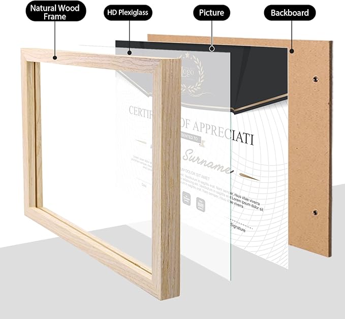 KINLINK 8.5x11 Picture Frame Natural, Solid Wood Diploma Frames with Acrylic Plexiglass for Pictures, Certificate Degree Document Frame Tabletop and Wall Mounting Display, Set of 4
