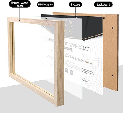 KINLINK 8.5x11 Picture Frame Natural, Solid Wood Diploma Frames with Acrylic Plexiglass for Pictures, Certificate Degree Document Frame Tabletop and Wall Mounting Display, Set of 4
