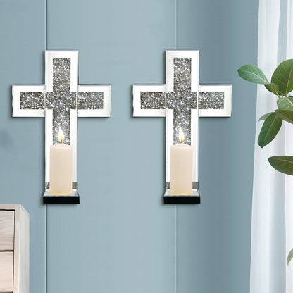 Aeveco Crystal Crush Diamond Mirrored Candle Sconces, Silver Wall Candle Holder Set of 2, Wall Decoration for Living Room，Dining Room (Silver Cross)