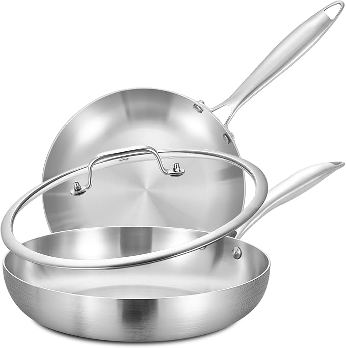 LOLYKITCH 8-12 Inch Tri-ply Stainless Steel Frying Pans Set with a Lid,Skillets,Induction Cooking Pans,Dishwasher and Oven Safe,Riveted Handle
