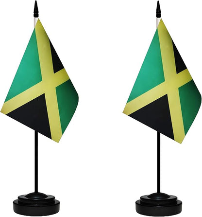 Jamaica Jamaican Deluxe Desk Flag Set, Small Mini Miniature Jamaica Jamaican Table Desktop Flags With Solid Pole, Black Base and Spear Top(2 Pack)