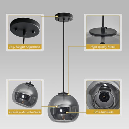 1-Light Mirror Smoke Gray Glass Pendant Lights Kitchen Island Black Hanging Light Fixture 7.87" Glass Globe Pendant Light Modern Pendant Lighting for Kitchen Island Bedroom Dining Room