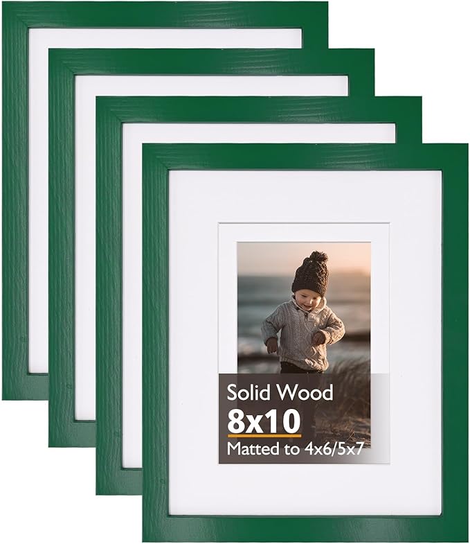 KINLINK 8x10 Picture Frame Green, Solid Wood Frames with Acrylic Plexiglass for Pictures 4x6/5x7 with Mat or 8x10 without Mat, Tabletop and Wall Display Photo Frame, Set of 4