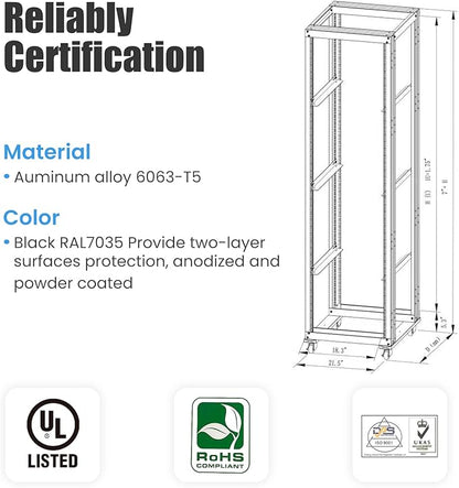 RAISING ELECTRONICS 27U 4 Post Open Frame Network Server Rack 19inch Width 600mm deep with 3 Pairs of L Rail