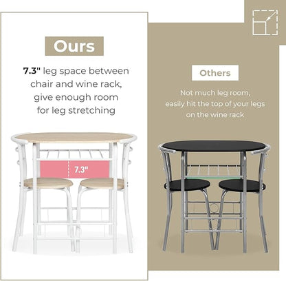 VINGLI 3 Piece Dining Set,Small Kitchen Table Set for 2,Breakfast Table Set,Kitchen Wooden Table and 2 Chairs for Small Space/Dining Room/Apartment,Metal Frame,Wine Rack,White&Light Oak