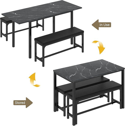 VECELO 3-Piece 63" Extendable Kitchen Table with Benches/Chairs, Modern Breakfast Dinette/Dining Room Set for 4/6/2, Small Space Saving Design, Easy Assembly