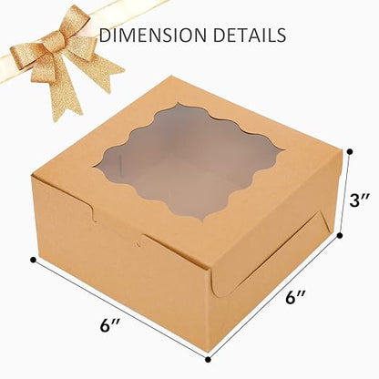 Bakepacker 100pcs Kraft Bakery Boxes with Window 6x6x3 inches Thick & Sturdy Macaroon Pastry Boxes Cookie Boxes for Bakerys