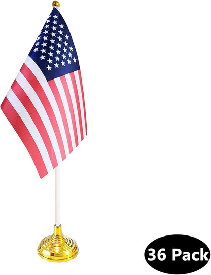 36 Pack USA US Desk Flags,Small Mini American Deluxe Table Flags Set with Stand Base，8.2 x 5.5 inches Miniature Desktop Flag