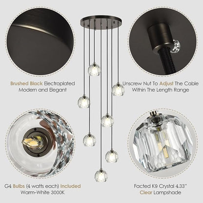 7 Lights Cluster Pendant Light, Brushed Black Modern Crystal Entryway Chandelier, High Ceiling Foyer Pendant Hanging Light Fixture for Staircase Dining Room