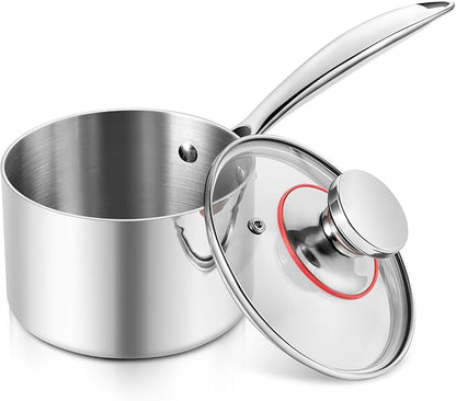 E-far 1-Quart Saucepan, Tri-Ply Stainless Steel Sauce Pan with Glass Lid, Small Cooking Induction Pot Compatible with All Cooktops, Non Toxic, Oven & Dishwasher Safe