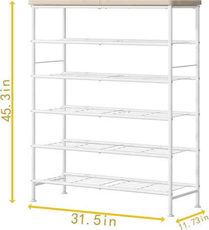 Shoe Rack Organizer 6 Tier for Closet Entryway Free Standing Metal Storage Shoe Shelf with MDF Top Board，White+Oak
