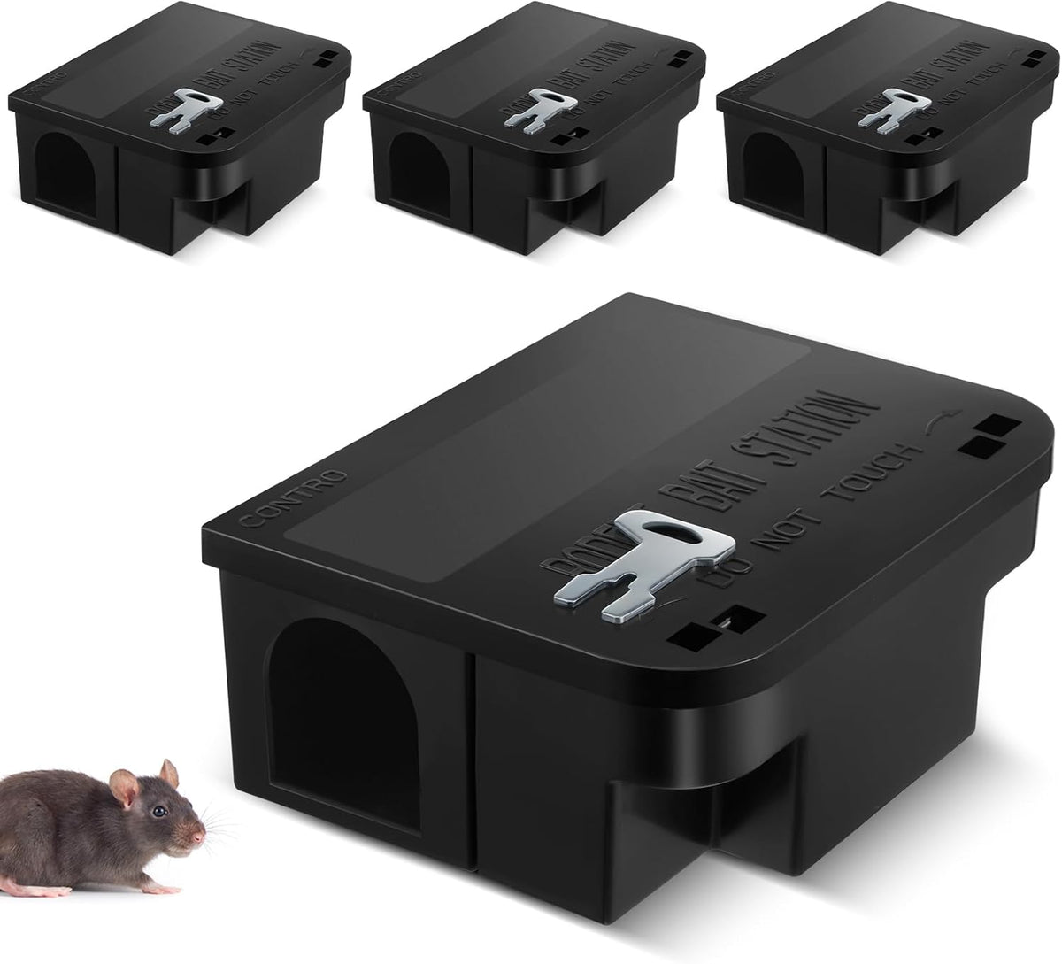 Qualirey 4 Pcs Rat Bait Station 8.86 x 7.28 x 3.62 Inches Rat Traps with Openable Lid, Blocks Boxes with Keys for Big Mouse, Keeps Children and Pets Safe Indoor & Outdoor, Bait Not Included (Black)