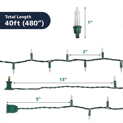 PREXTEX 200 Count Clear Christmas Tree Lights - 40 ft Warm Fairy String Lights with Green Wire - Indoor and Outdoor Mini Light for Christmas, Holiday Decorations, Trees, Fences, Patios and More