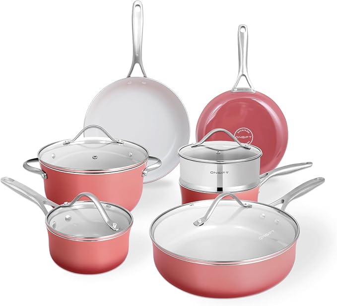 Kitchen Pots and Pans Set Non Stick, 11 Pcs Ceramic Cookware Set with Stay-Cool Handle, Pot and Pan Set NonToxic PFOA/PFAS Free, Dishwasher/Oven Safe, Evenly Heats, Enamel Exterior - Coral Red