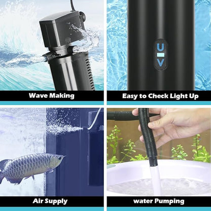 Aquarium Filter for 75-200 Gallon Tank, U-V Fish Tank Green Clean Machine Submersible Powerful Pump Canister Filter 300GPH for Pond Turtle Tank Saltwater Freshwater Crystal Clear Green Killing